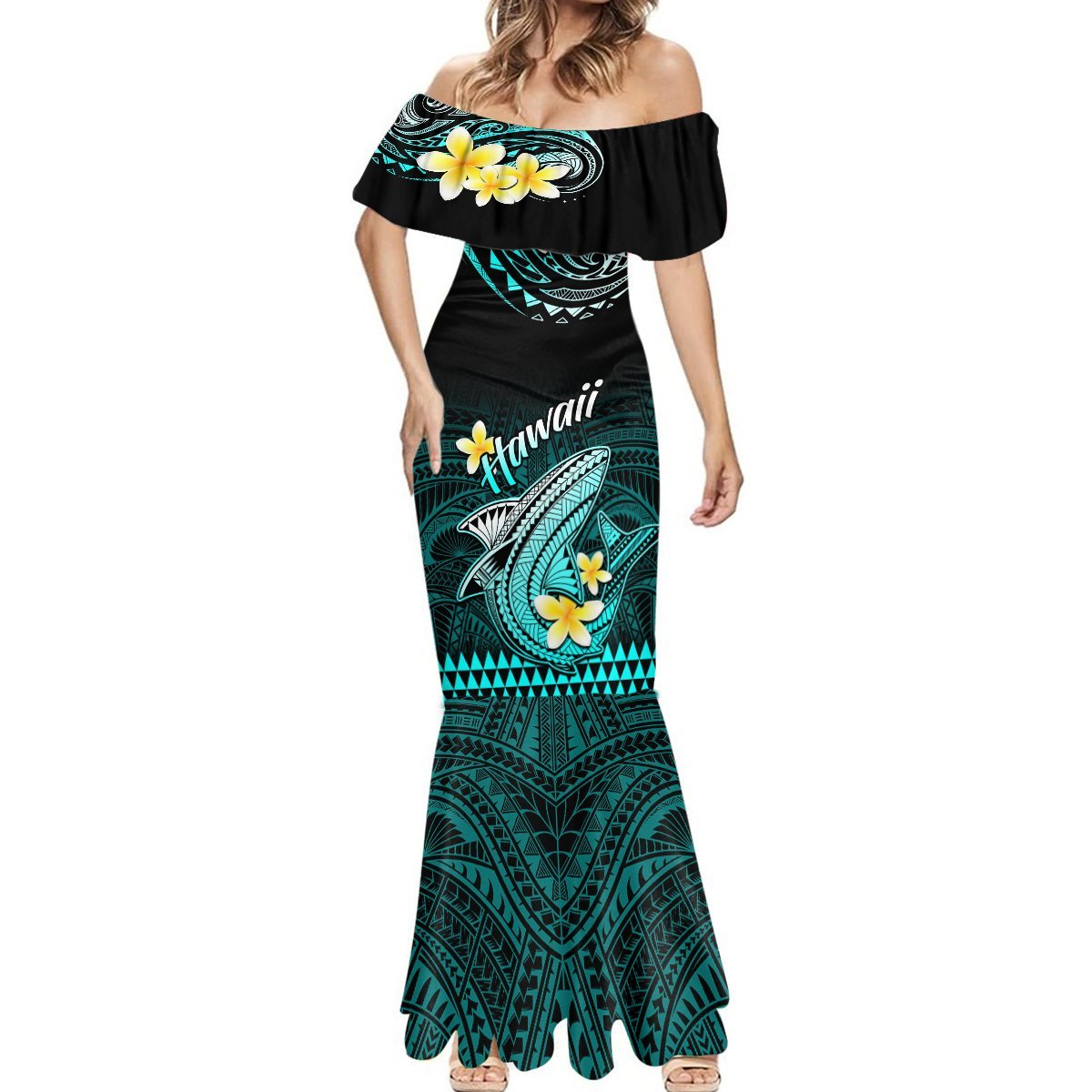 Hawaii Mermaid Dress Polynesian Shark with Kakau Turquoise Version LT01 - Polynesian Pride