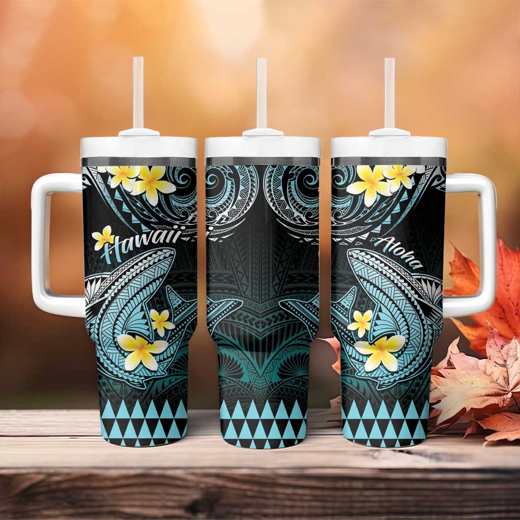 Hawaii Tumbler With Handle Polynesian Shark with Kakau Turquoise Version LT01 - Polynesian Pride