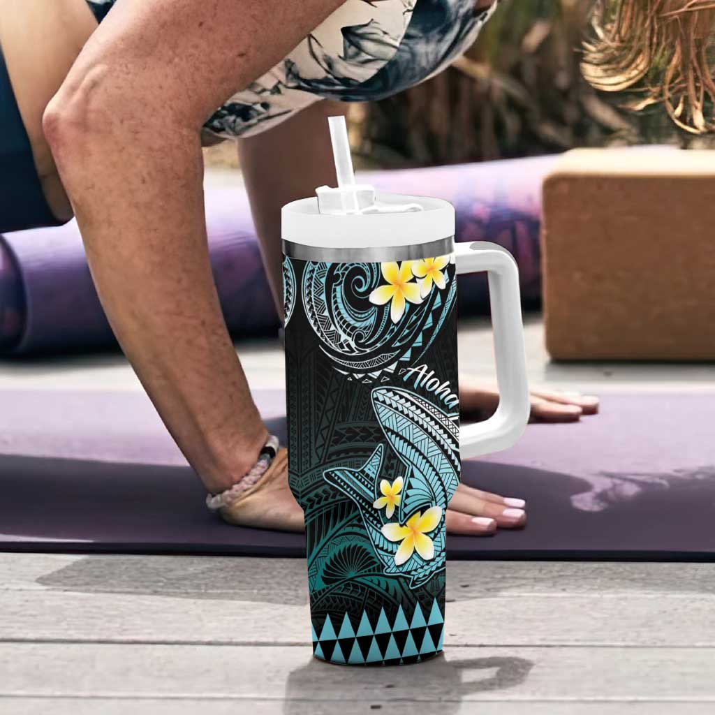 Hawaii Tumbler With Handle Polynesian Shark with Kakau Turquoise Version LT01 - Polynesian Pride