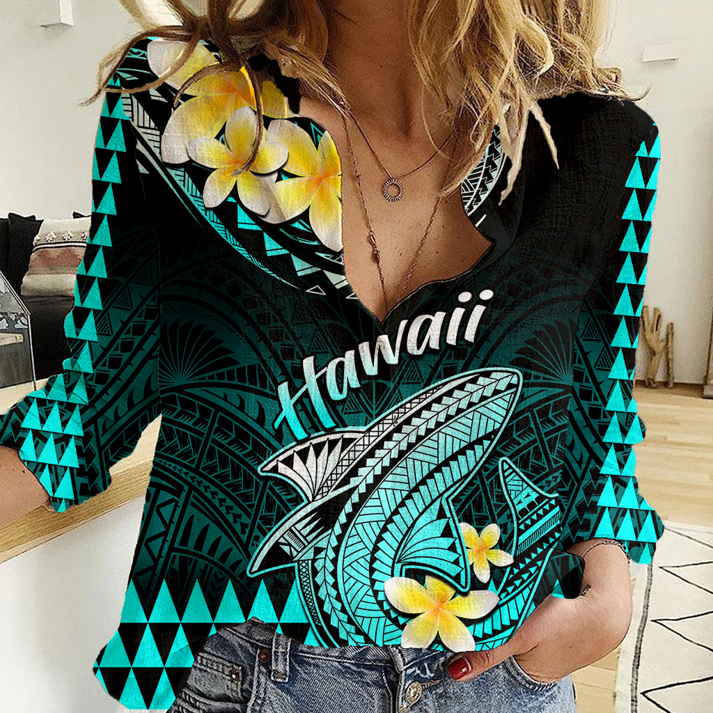 Hawaii Women Casual Shirt Polynesian Shark with Kakau Turquoise Version LT01 Female Turquoise - Polynesian Pride