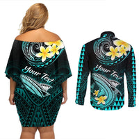 Personalised Hawaii Couples Matching Off Shoulder Short Dress and Long Sleeve Button Shirts Polynesian Shark with Kakau Turquoise Version LT01 - Polynesian Pride
