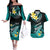 Personalised Hawaii Couples Matching Off The Shoulder Long Sleeve Dress and Hawaiian Shirt Polynesian Shark with Kakau Turquoise Version LT01 Turquoise - Polynesian Pride