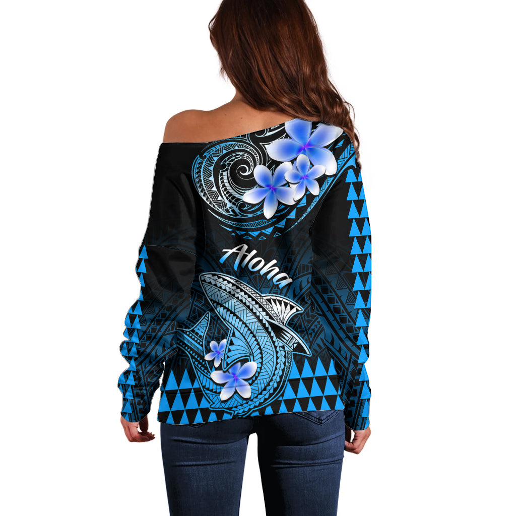 Hawaii Off Shoulder Sweater Polynesian Shark with Kakau Blue Version LT01 - Polynesian Pride