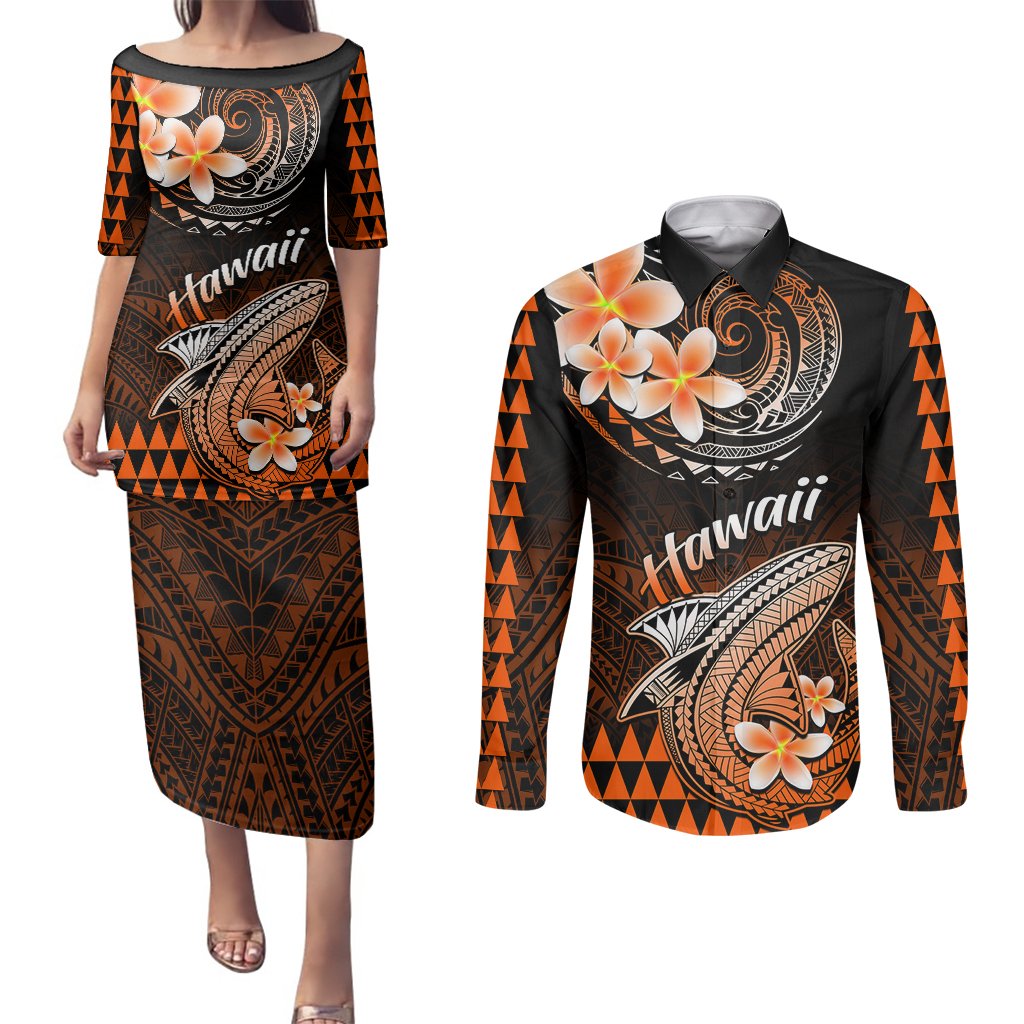 Hawaii Couples Matching Puletasi Dress and Long Sleeve Button Shirts Polynesian Shark with Kakau Orange Version LT01 Orange - Polynesian Pride