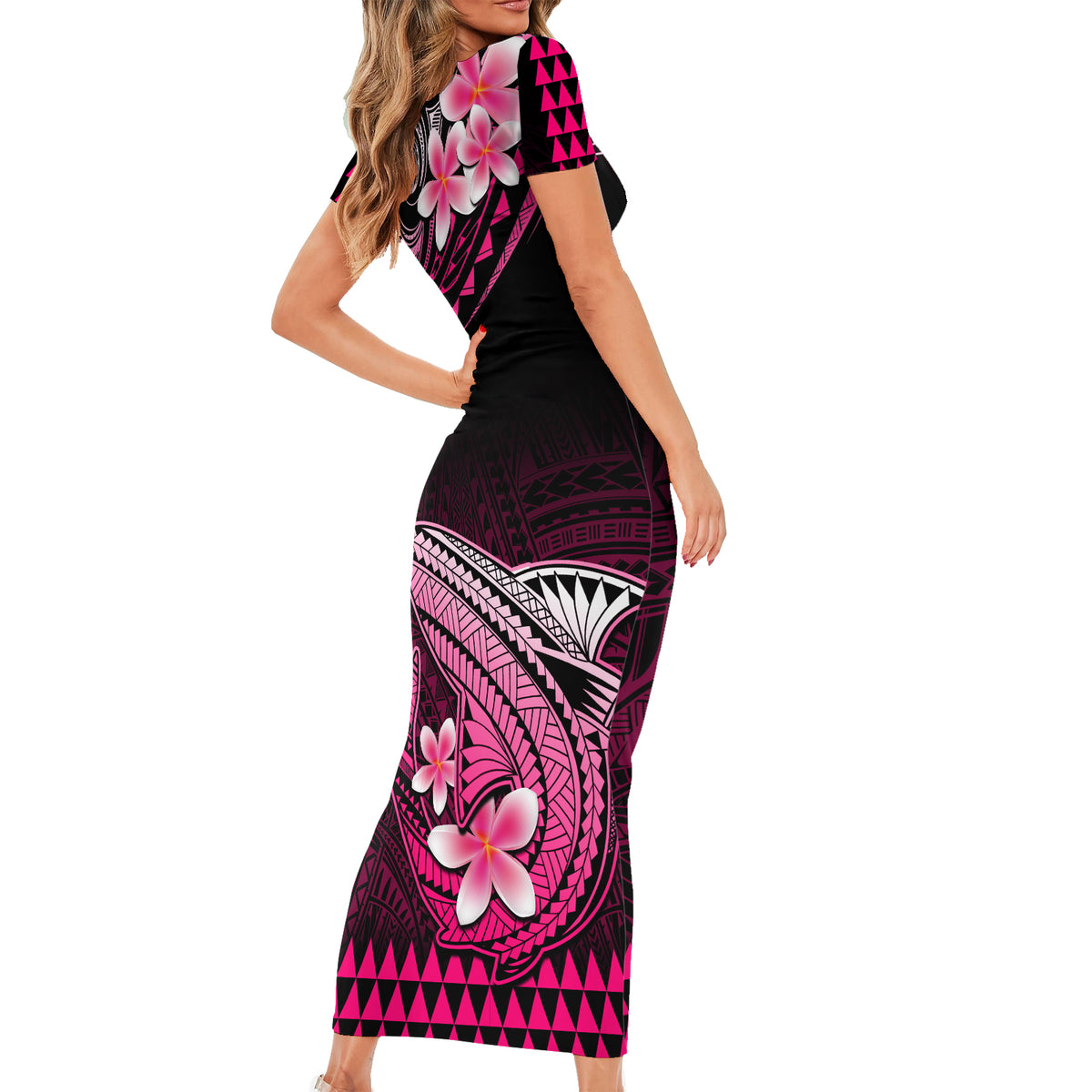 Hawaii Short Sleeve Bodycon Dress Polynesian Shark with Kakau Pink Version LT01 - Polynesian Pride