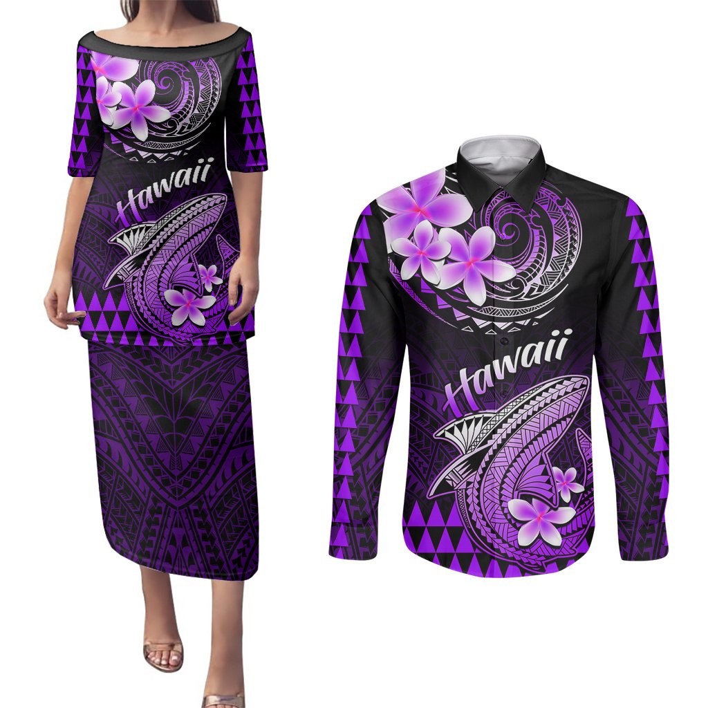 Hawaii Couples Matching Puletasi Dress and Long Sleeve Button Shirts Polynesian Shark with Kakau Purple Version LT01 Purple - Polynesian Pride