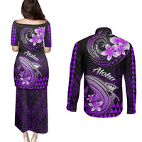 Hawaii Couples Matching Puletasi Dress and Long Sleeve Button Shirts Polynesian Shark with Kakau Purple Version LT01 - Polynesian Pride