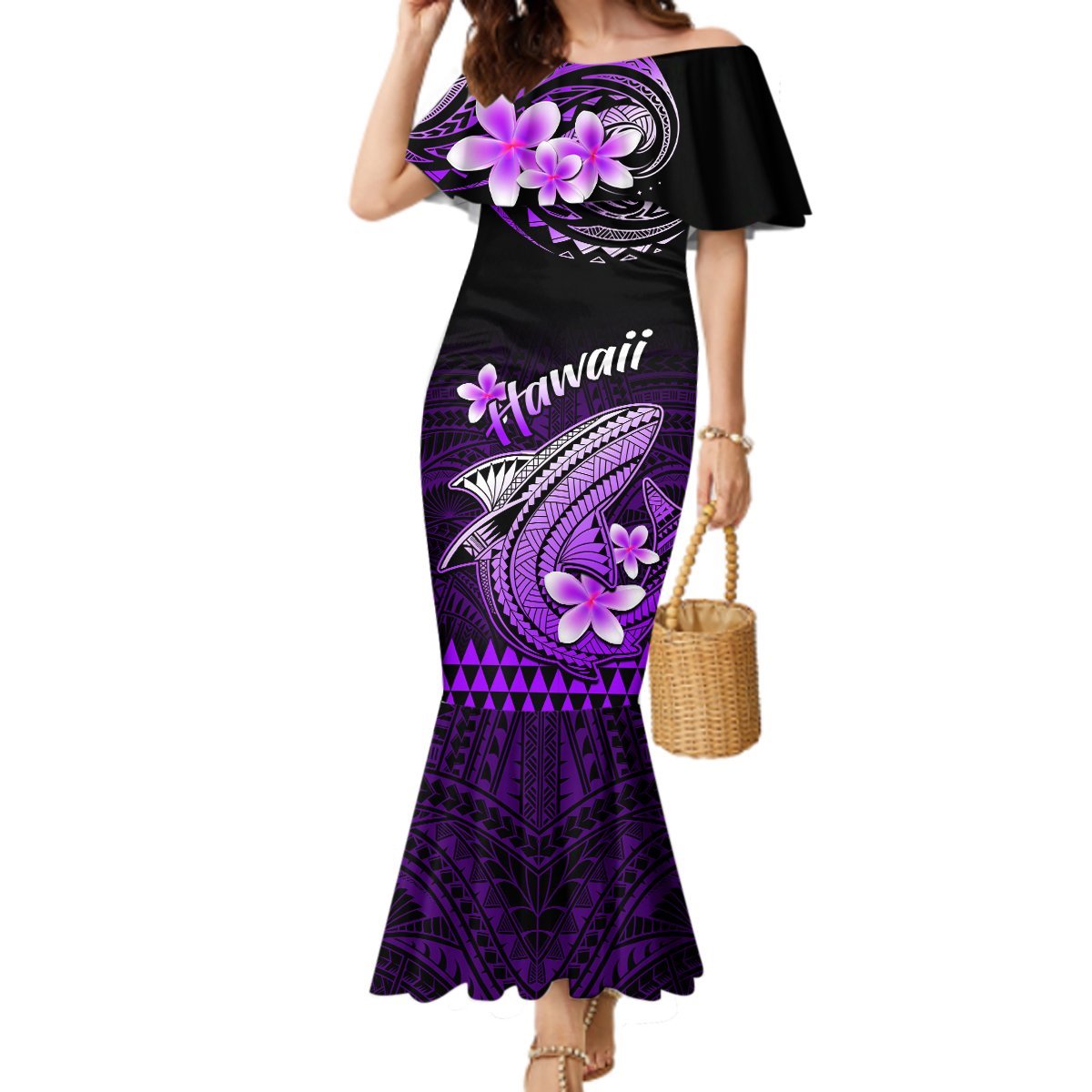 Hawaii Mermaid Dress Polynesian Shark with Kakau Purple Version LT01 Women Purple - Polynesian Pride