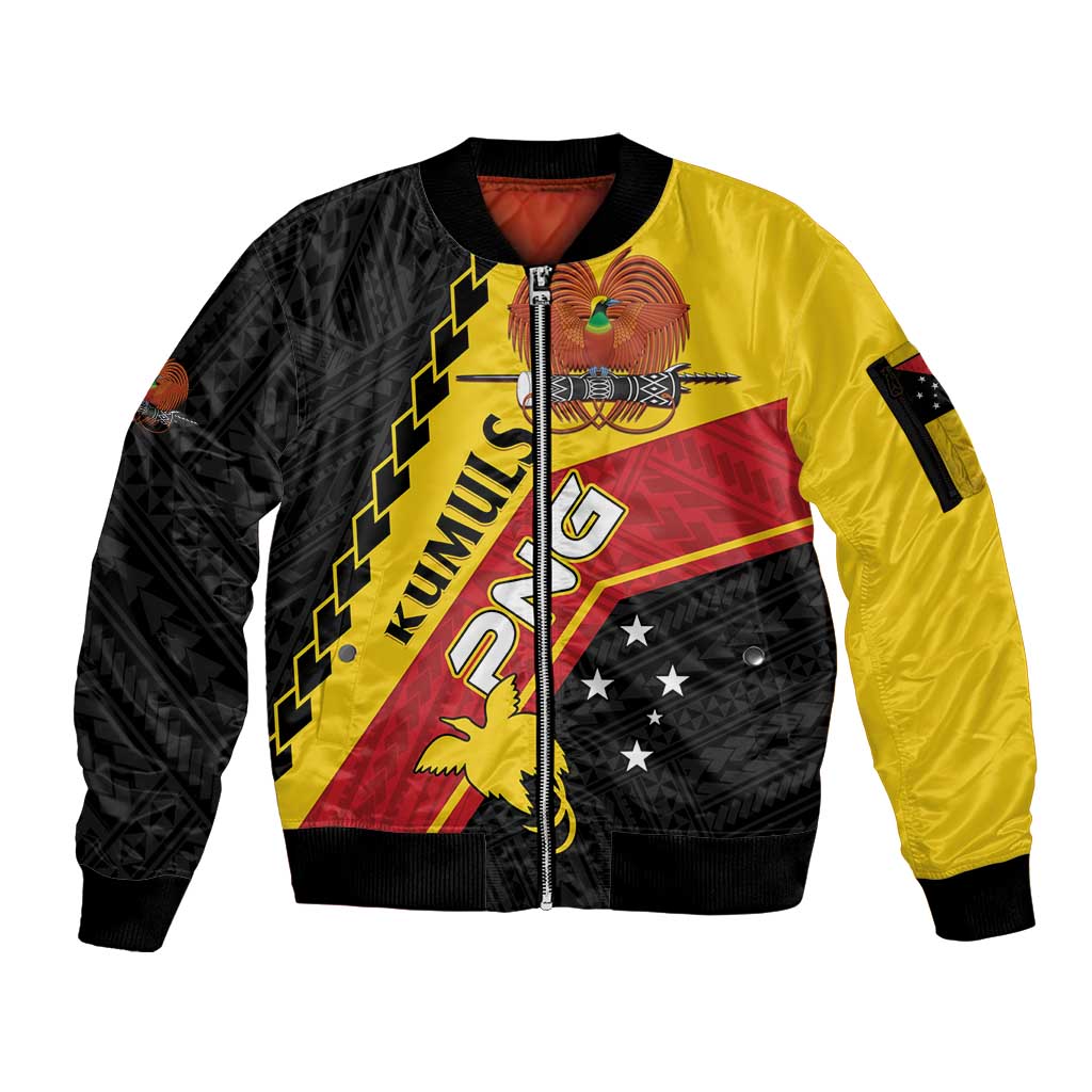 Custom PNG Sleeve Zip Bomber Jacket The Kumuls Are On A Roll LT01 Unisex Black - Polynesian Pride