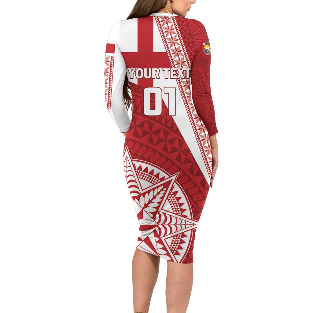 Custom Tonga Rugby Mate Maa Long Sleeve Bodycon Dress Ngatu Pattern LT01 - Polynesian Pride