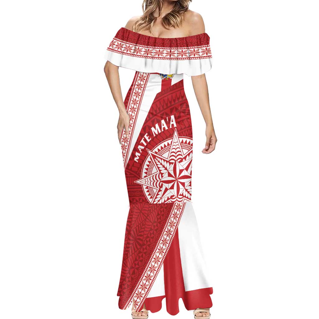 Custom Tonga Rugby Mate Maa Mermaid Dress Ngatu Pattern LT01 - Polynesian Pride