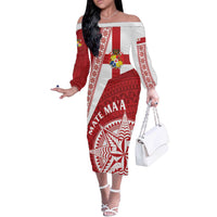 Custom Tonga Rugby Mate Maa Off The Shoulder Long Sleeve Dress Ngatu Pattern LT01 Women Red - Polynesian Pride