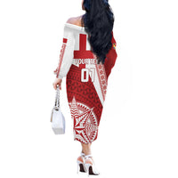Custom Tonga Rugby Mate Maa Off The Shoulder Long Sleeve Dress Ngatu Pattern LT01 - Polynesian Pride
