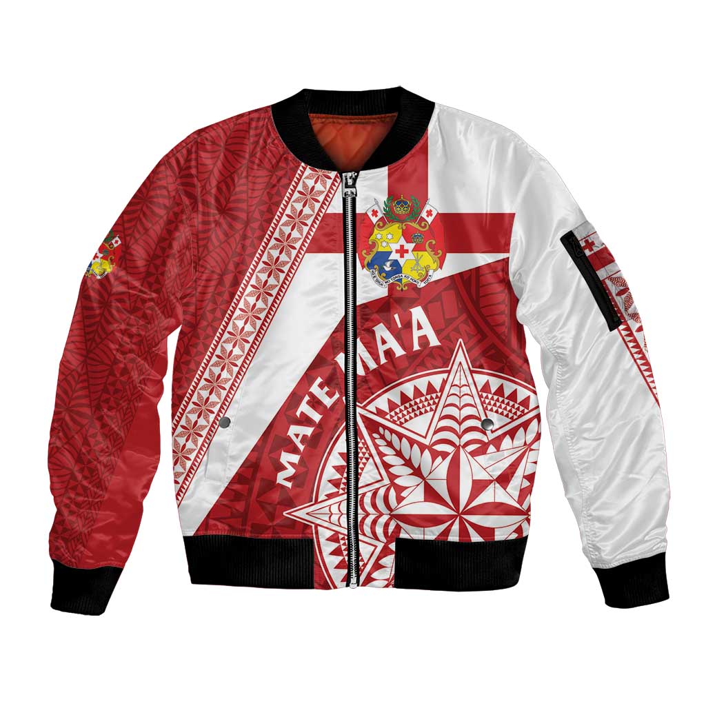 Custom Tonga Rugby Mate Maa Sleeve Zip Bomber Jacket Ngatu Pattern LT01 Unisex Red - Polynesian Pride