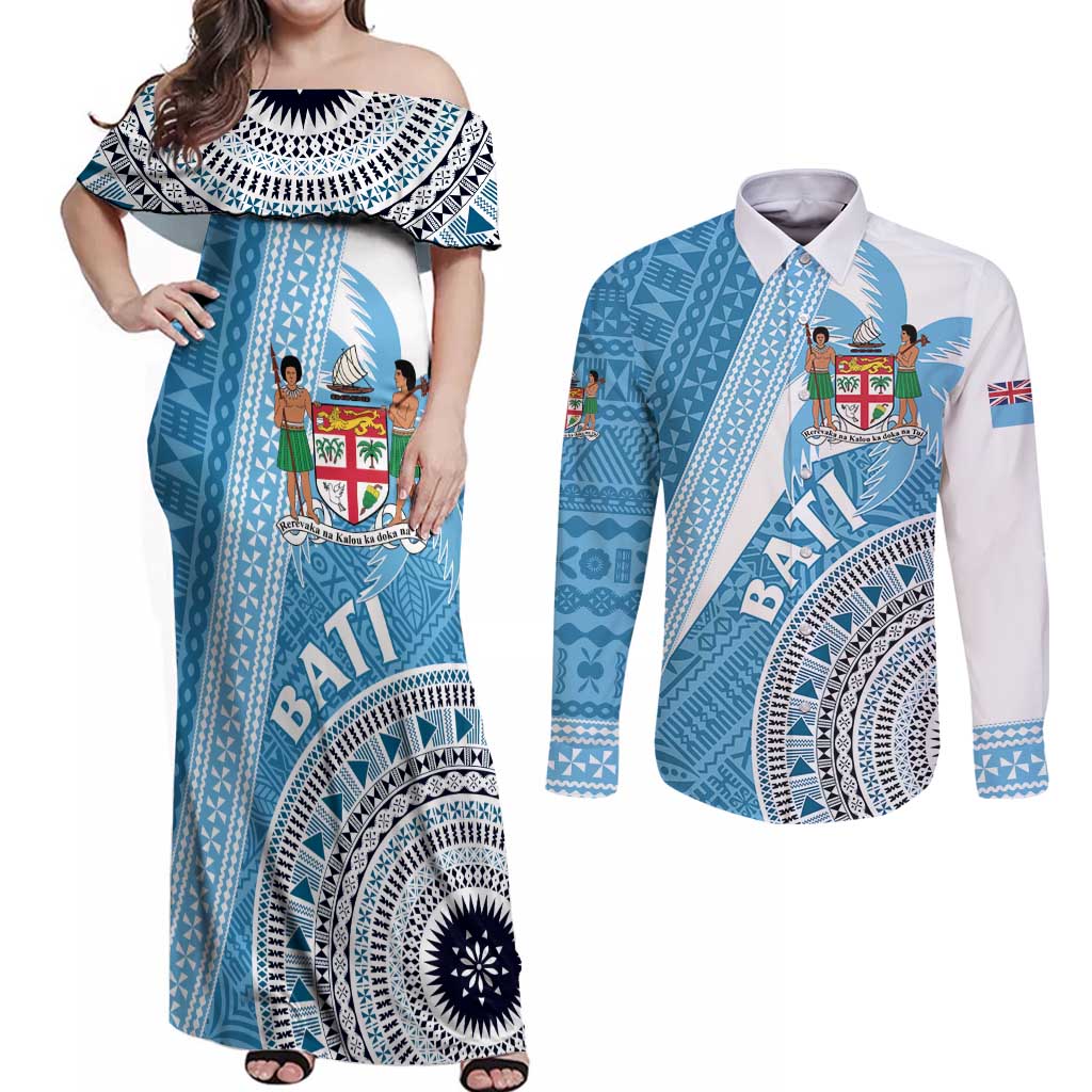 Custom Fiji Rugby Bati Couples Matching Off Shoulder Maxi Dress and Long Sleeve Button Shirt Tapa Pattern