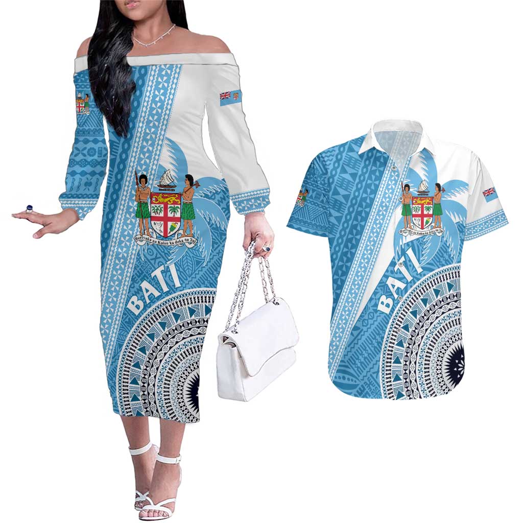 Custom Fiji Rugby Bati Couples Matching Off The Shoulder Long Sleeve Dress and Hawaiian Shirt Tapa Pattern