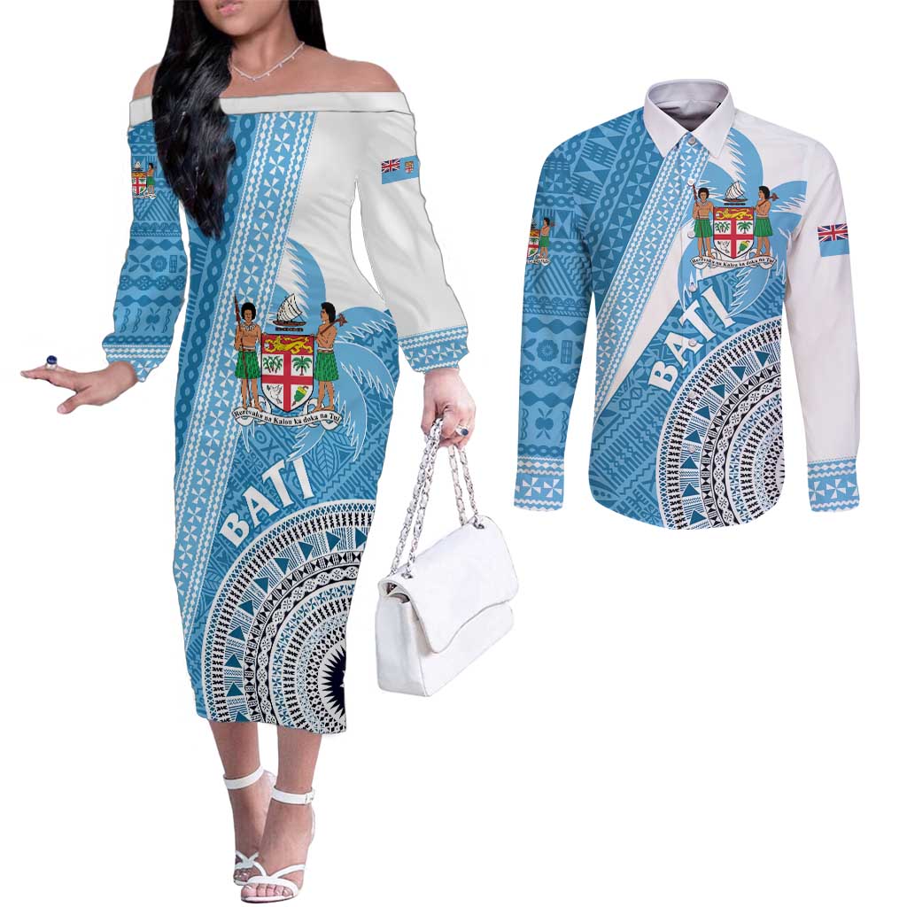 Custom Fiji Rugby Bati Couples Matching Off The Shoulder Long Sleeve Dress and Long Sleeve Button Shirt Tapa Pattern