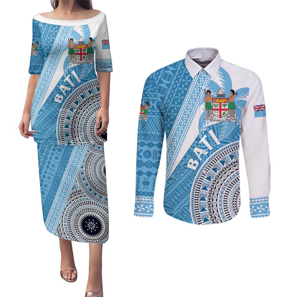 Custom Fiji Rugby Bati Couples Matching Puletasi and Long Sleeve Button Shirt Tapa Pattern