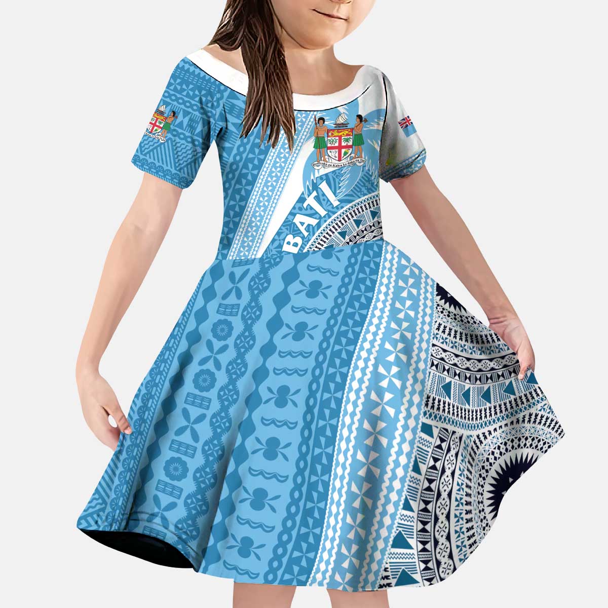 Custom Fiji Rugby Bati Kid Short Sleeve Dress Tapa Pattern LT01 KID Blue - Polynesian Pride