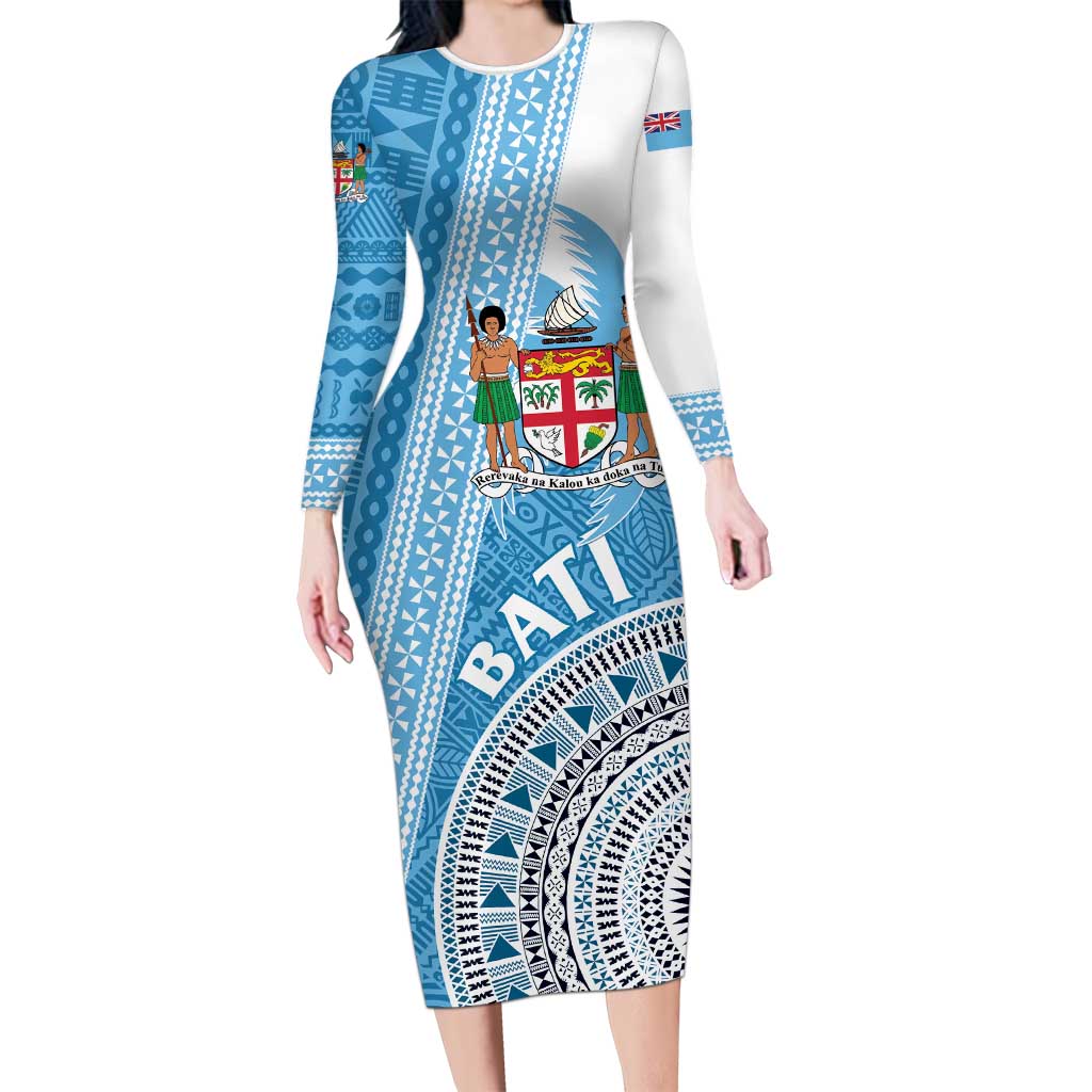 Custom Fiji Rugby Bati Long Sleeve Bodycon Dress Tapa Pattern LT01 Long Dress Blue - Polynesian Pride