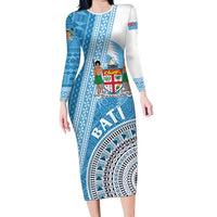 Custom Fiji Rugby Bati Long Sleeve Bodycon Dress Tapa Pattern LT01 Long Dress Blue - Polynesian Pride