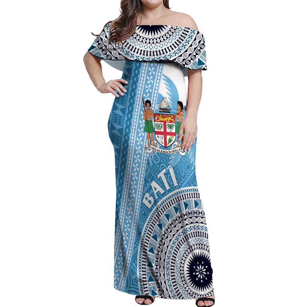 Custom Fiji Rugby Bati Off Shoulder Maxi Dress Tapa Pattern LT01 Women Blue - Polynesian Pride