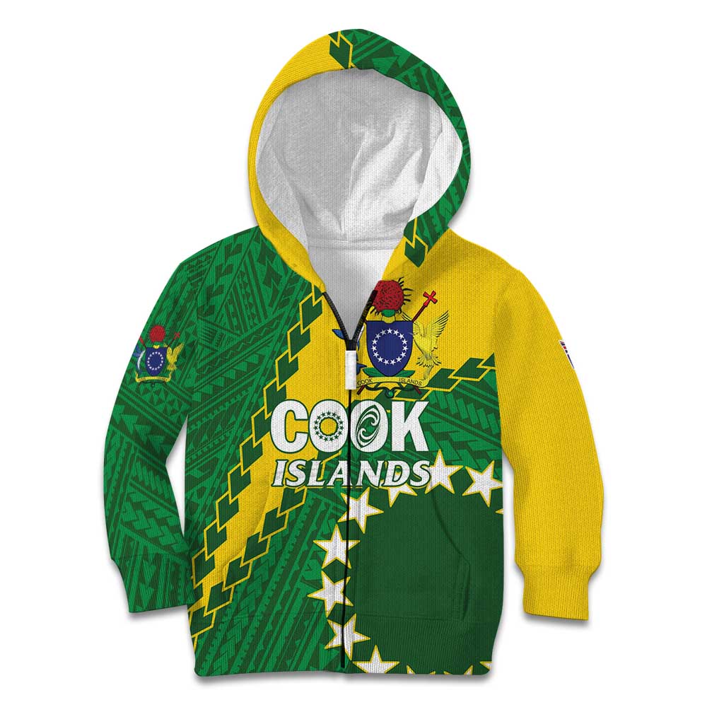 Custom Cook Islands Rugby Kukis Kid Hoodie Circle Stars LT01 Zip Hoodie Green - Polynesian Pride