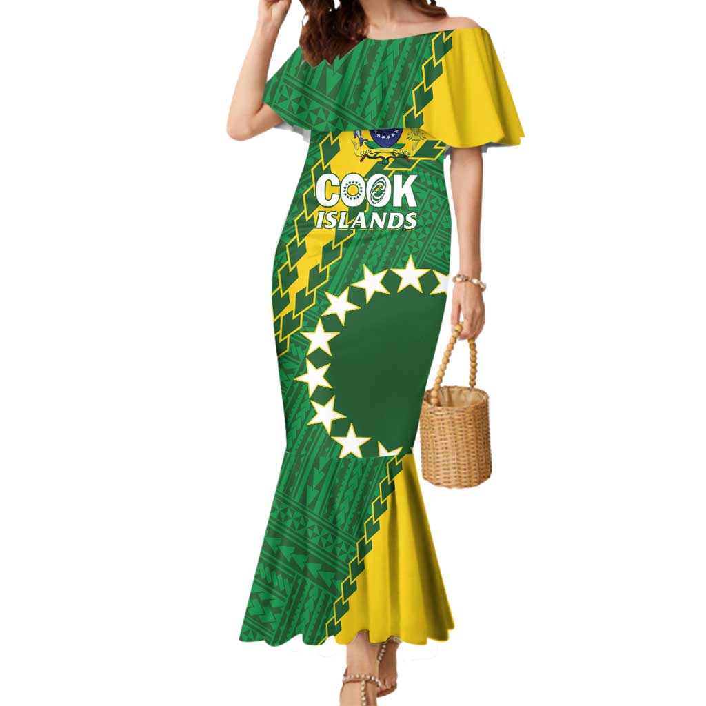 Custom Cook Islands Rugby Kukis Mermaid Dress Circle Stars LT01 Women Green - Polynesian Pride