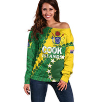 Custom Cook Islands Rugby Kukis Off Shoulder Sweater Circle Stars LT01 Women Green - Polynesian Pride