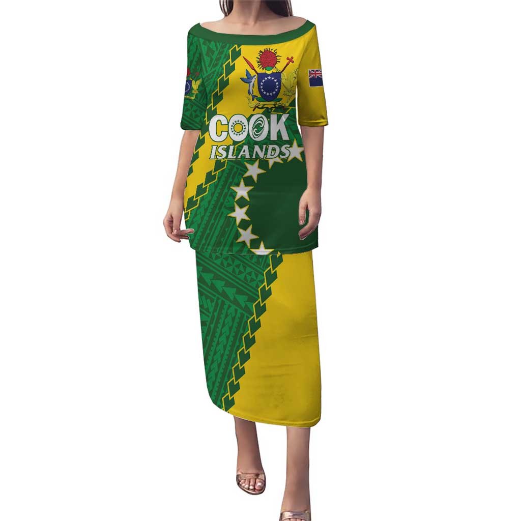 Custom Cook Islands Rugby Kukis Puletasi Circle Stars LT01 Long Dress Green - Polynesian Pride