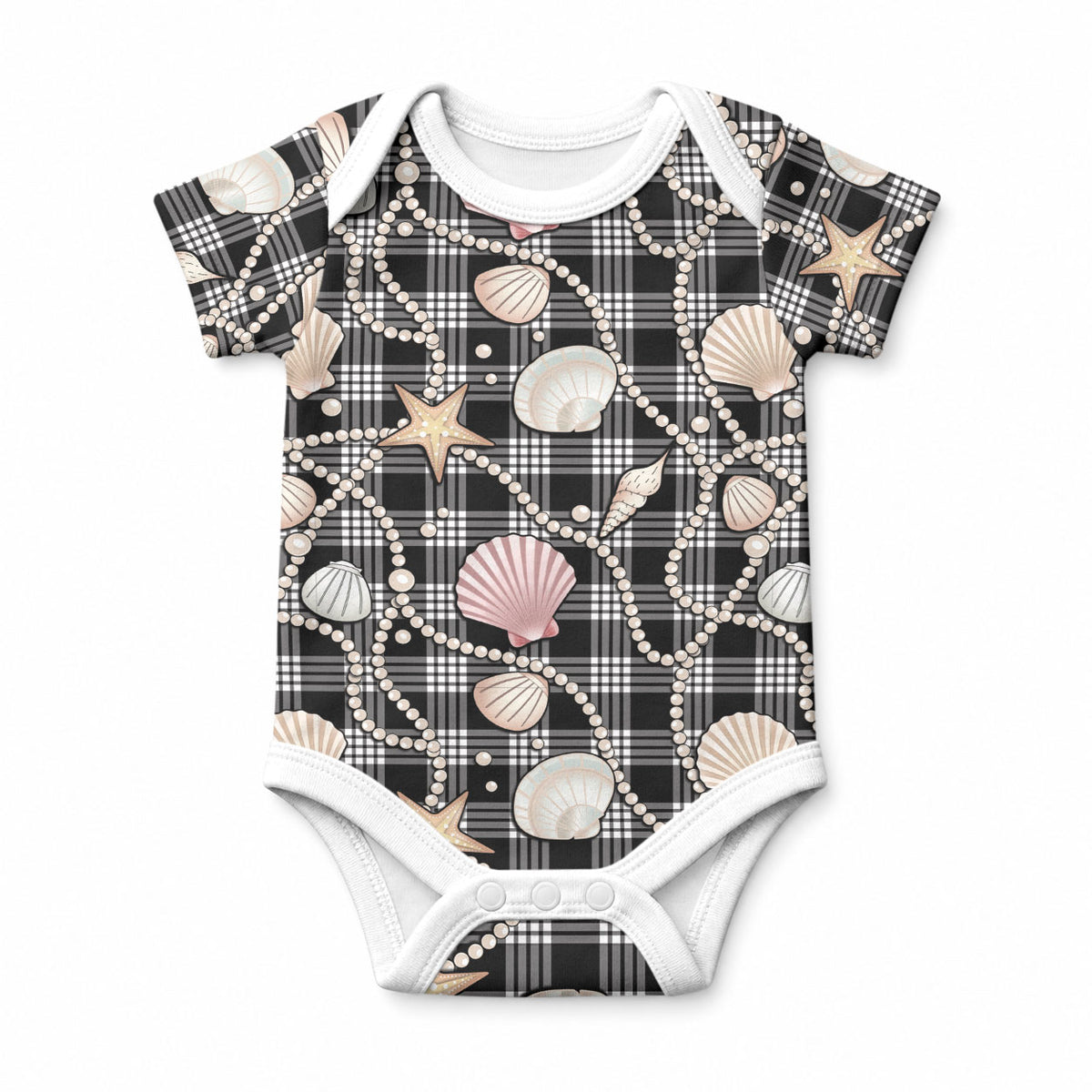 Hawaiian Ocean Seashells Baby Onesie Black Palaka Pattern LT01 Black - Polynesian Pride
