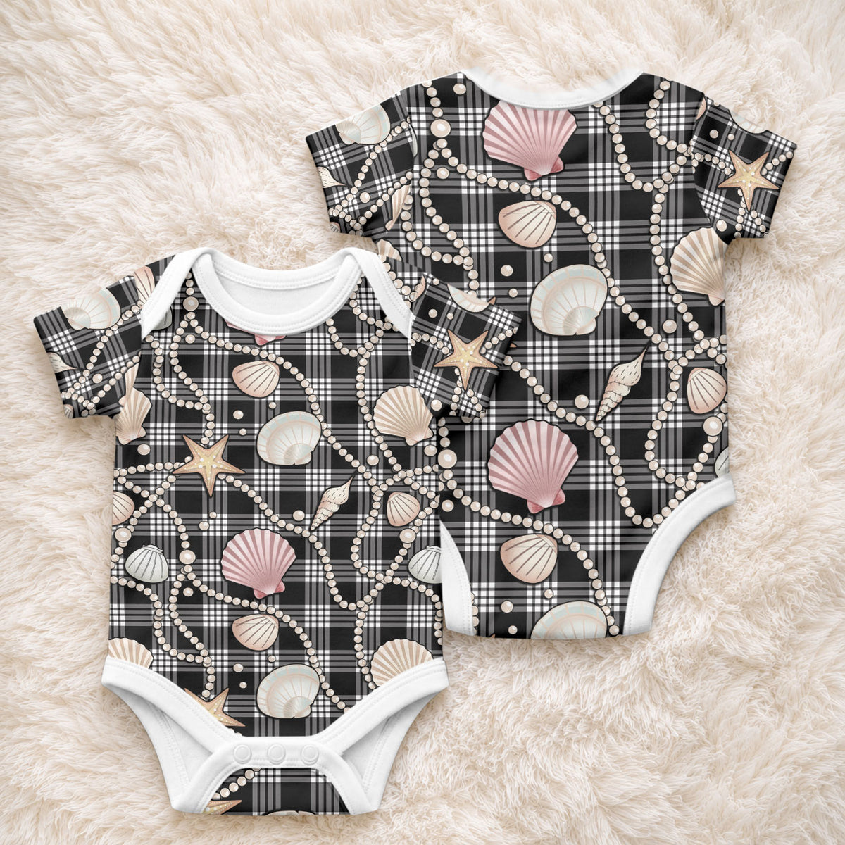 Hawaiian Ocean Seashells Baby Onesie Black Palaka Pattern LT01 - Polynesian Pride