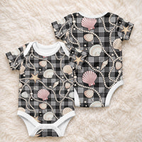 Hawaiian Ocean Seashells Baby Onesie Black Palaka Pattern LT01 - Polynesian Pride