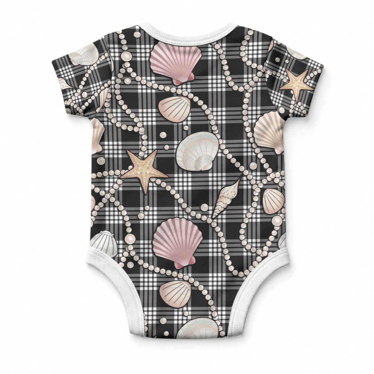 Hawaiian Ocean Seashells Baby Onesie Black Palaka Pattern LT01 - Polynesian Pride