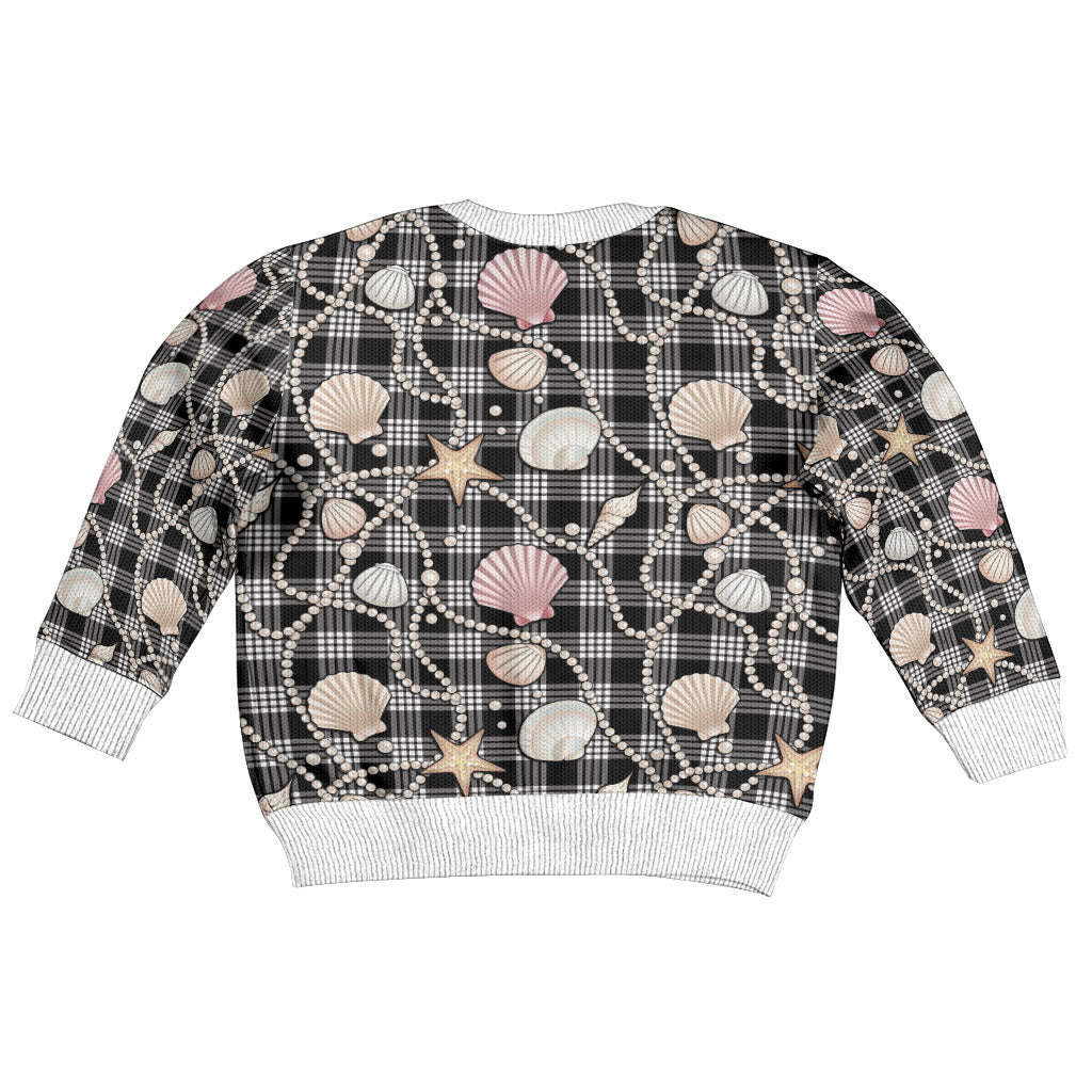 Hawaiian Ocean Seashells Kid Ugly Christmas Sweater Black Palaka Pattern LT01 - Polynesian Pride