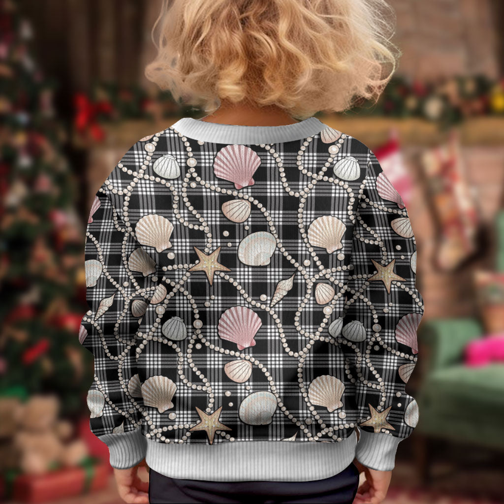 Hawaiian Ocean Seashells Kid Ugly Christmas Sweater Black Palaka Pattern LT01 - Polynesian Pride