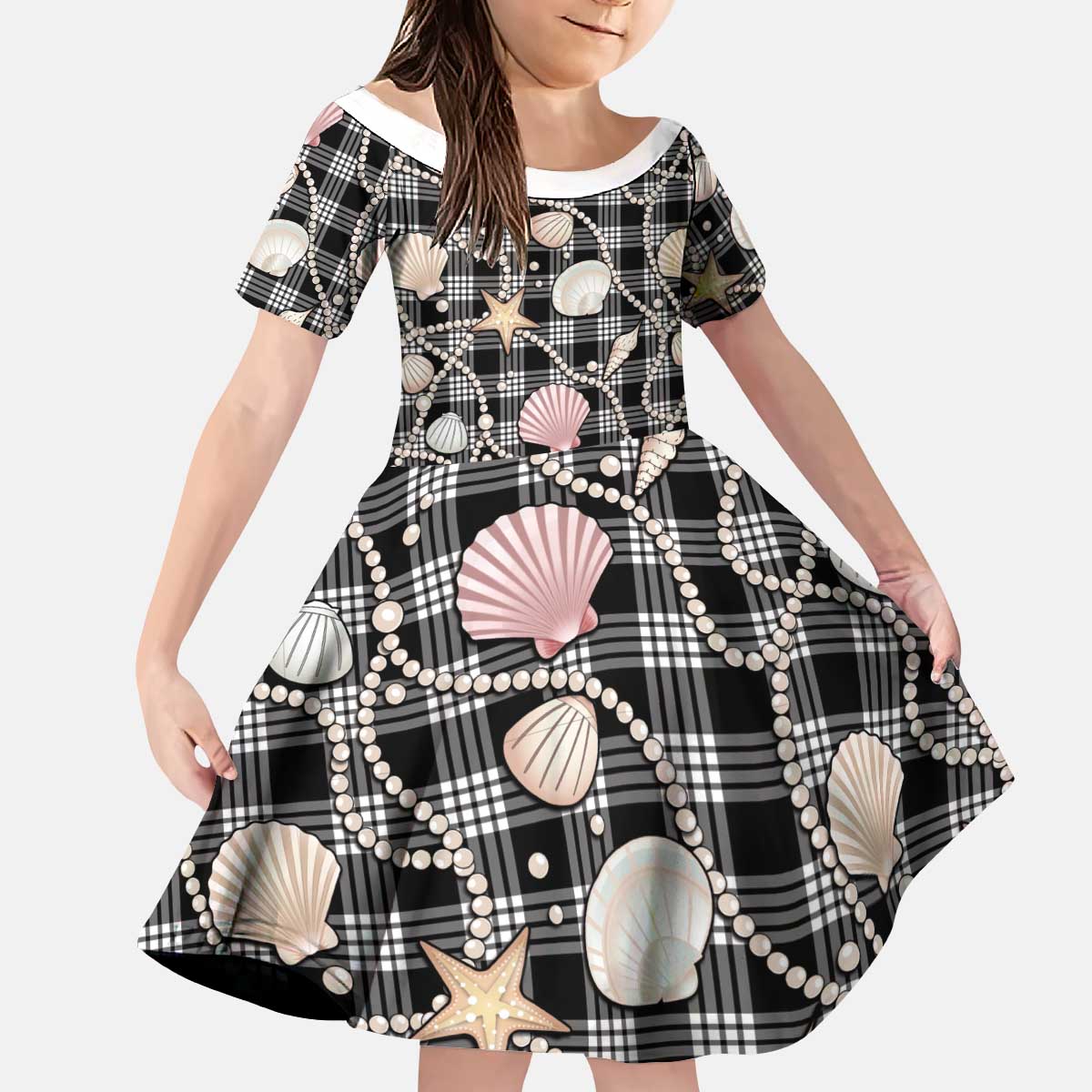 Hawaiian Ocean Seashells Kid Short Sleeve Dress Black Palaka Pattern LT01 KID Black - Polynesian Pride