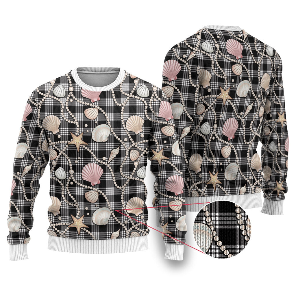Hawaiian Ocean Seashells Ugly Christmas Sweater Black Palaka Pattern LT01 Black - Polynesian Pride