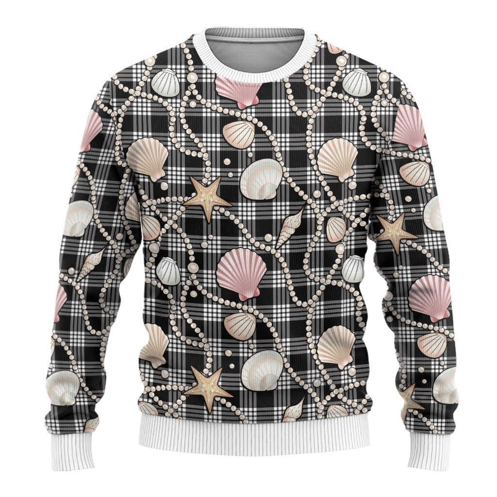 Hawaiian Ocean Seashells Ugly Christmas Sweater Black Palaka Pattern LT01 - Polynesian Pride