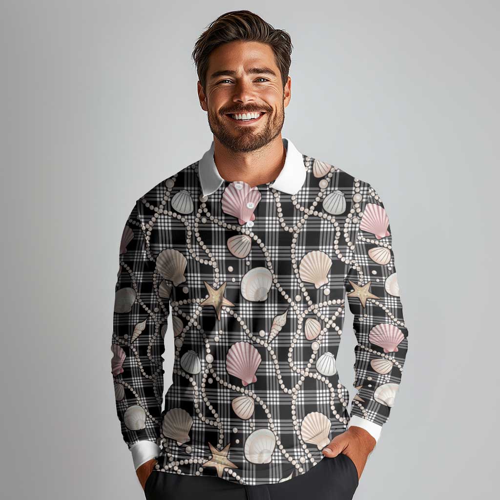 Hawaiian Ocean Seashells Long Sleeve Polo Shirt Black Palaka Pattern LT01 - Polynesian Pride
