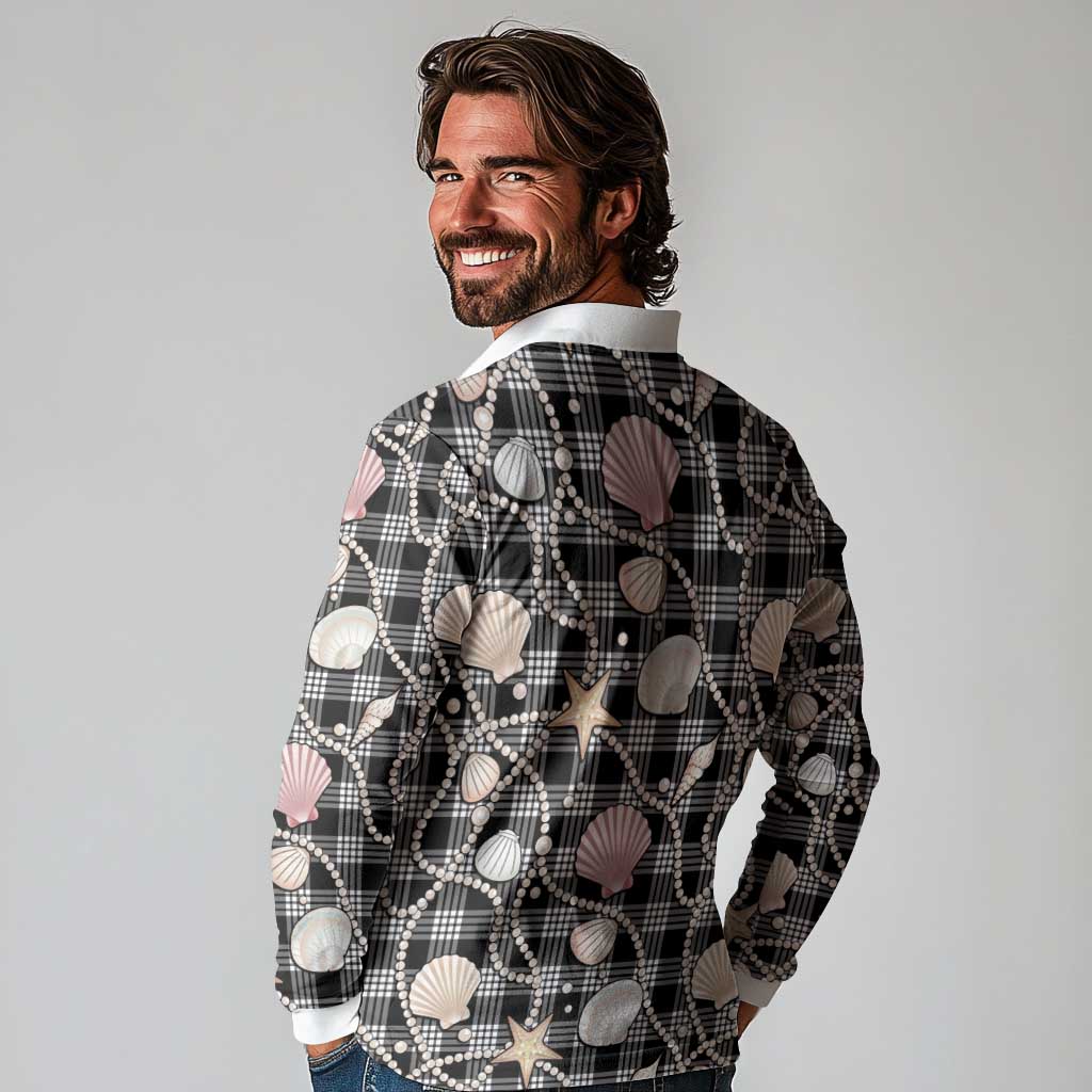 Hawaiian Ocean Seashells Long Sleeve Polo Shirt Black Palaka Pattern LT01 - Polynesian Pride