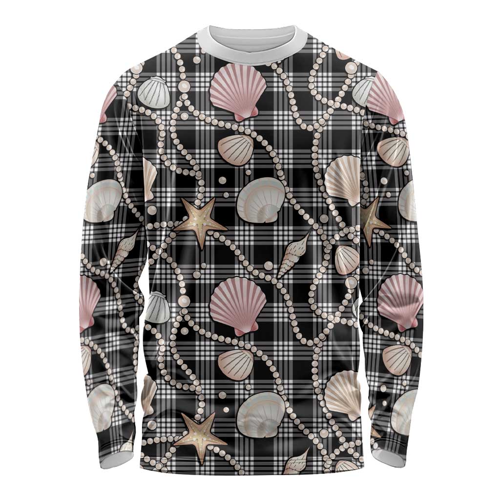 Hawaiian Ocean Seashells Long Sleeve Shirt Black Palaka Pattern LT01 Unisex Black - Polynesian Pride