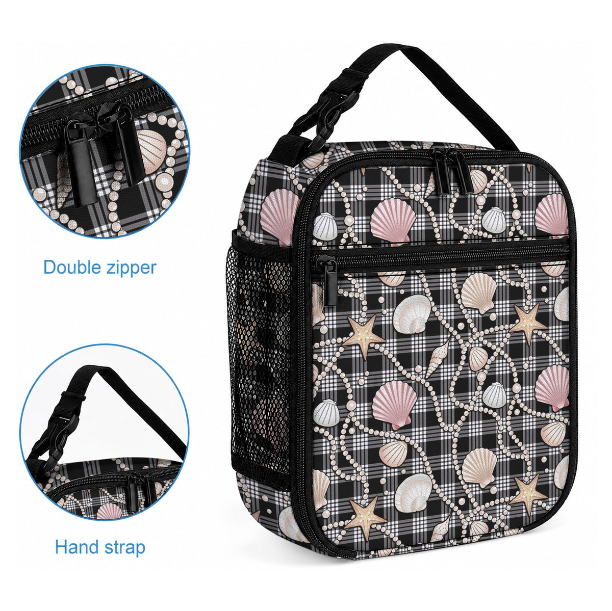 Hawaiian Ocean Seashells Lunch Bag Black Palaka Pattern