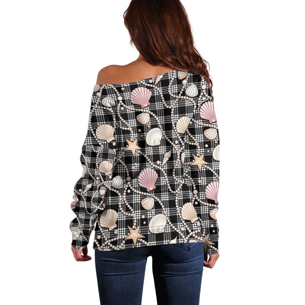Hawaiian Ocean Seashells Off Shoulder Sweater Black Palaka Pattern LT01 - Polynesian Pride