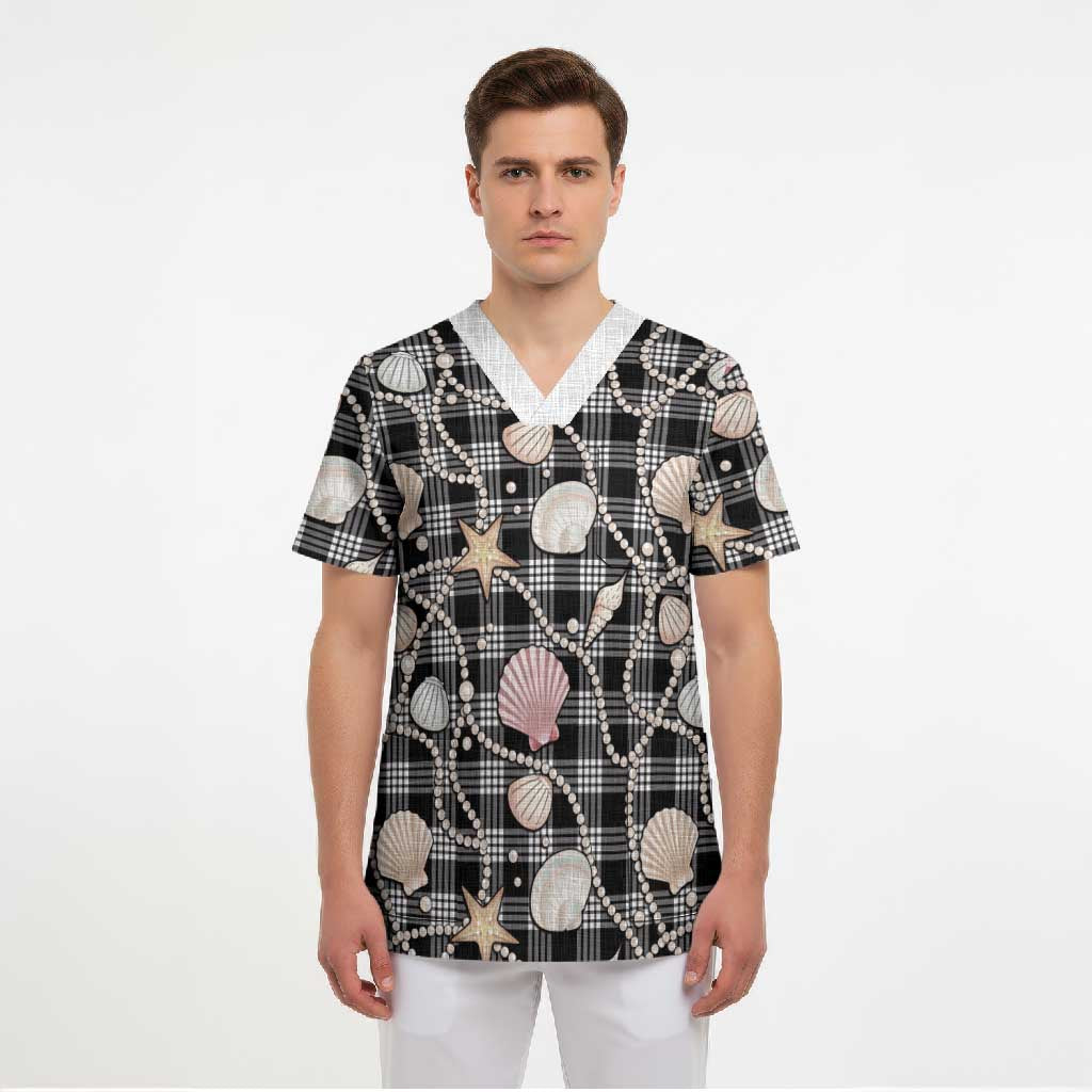 Hawaiian Ocean Seashells Scrub Top Black Palaka Pattern LT01 - Polynesian Pride