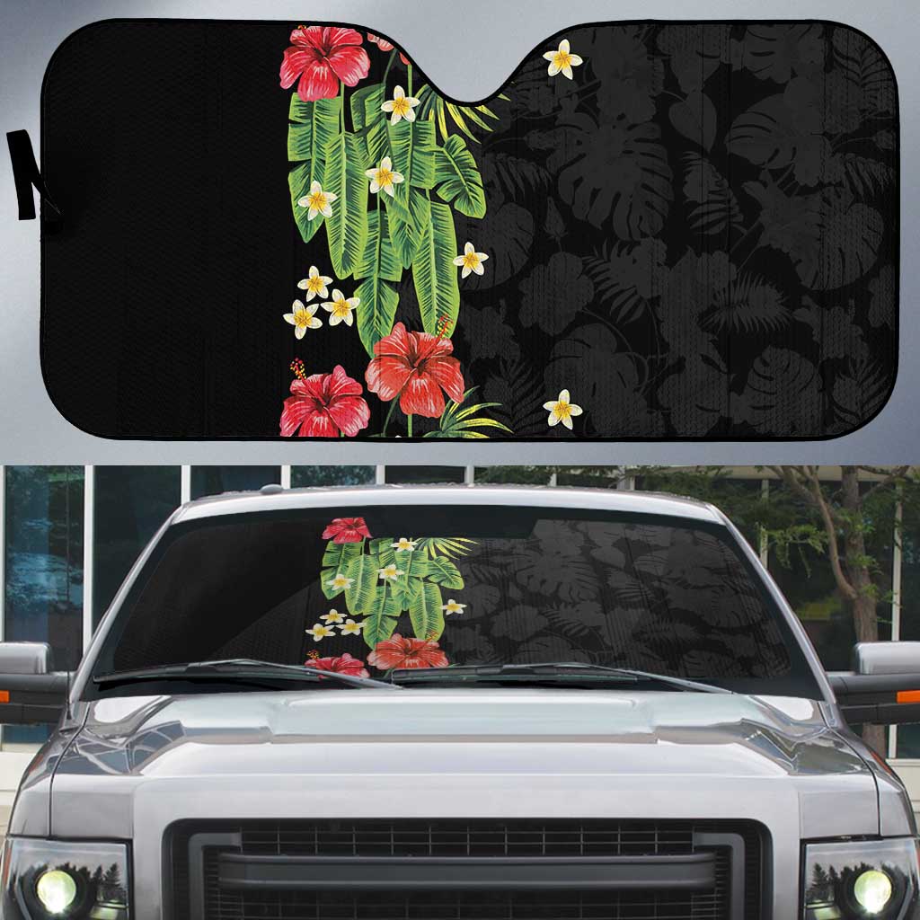 Hawaiian Hibiscus Plumeria Auto Sun Shade Tropical Leaves LT01 Black - Polynesian Pride