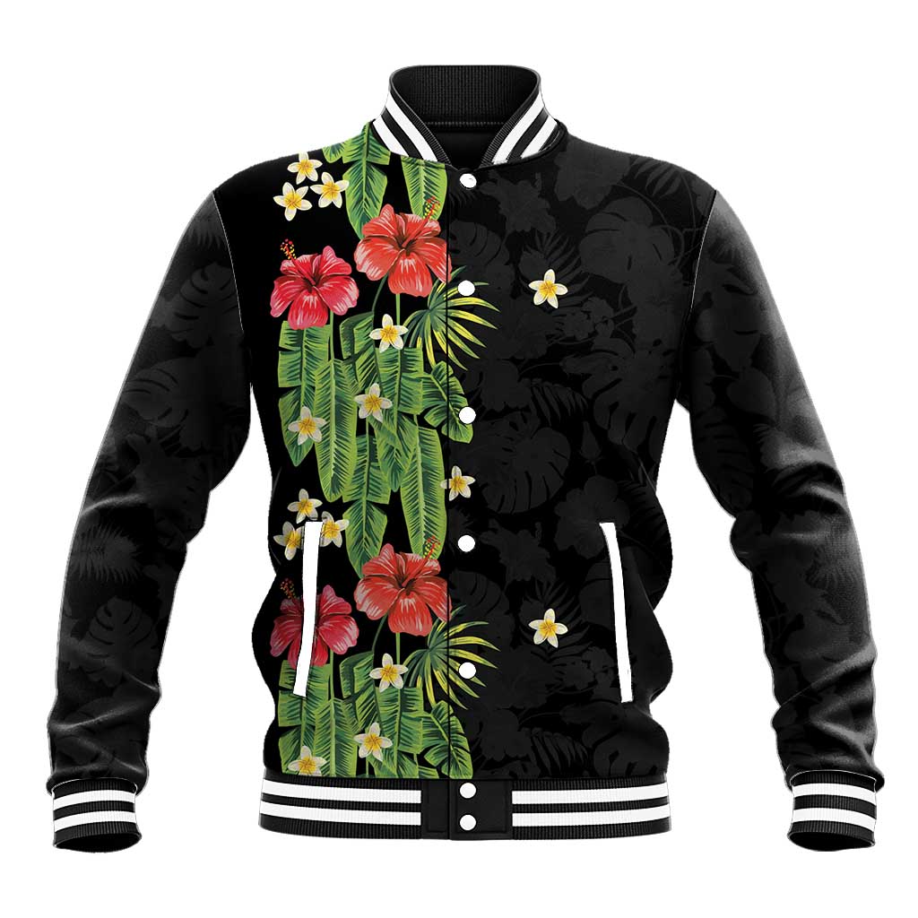 Hawaiian Hibiscus Plumeria Baseball Jacket Tropical Leaves LT01 Unisex Black - Polynesian Pride
