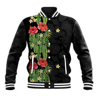 Hawaiian Hibiscus Plumeria Baseball Jacket Tropical Leaves LT01 Unisex Black - Polynesian Pride