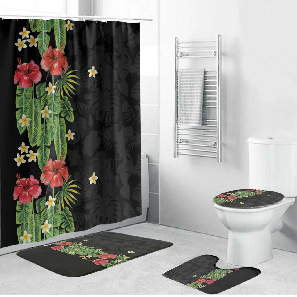 Hawaiian Hibiscus Plumeria Bathroom Set Tropical Leaves LT01 Bathroom Set (4 pcs) Black - Polynesian Pride