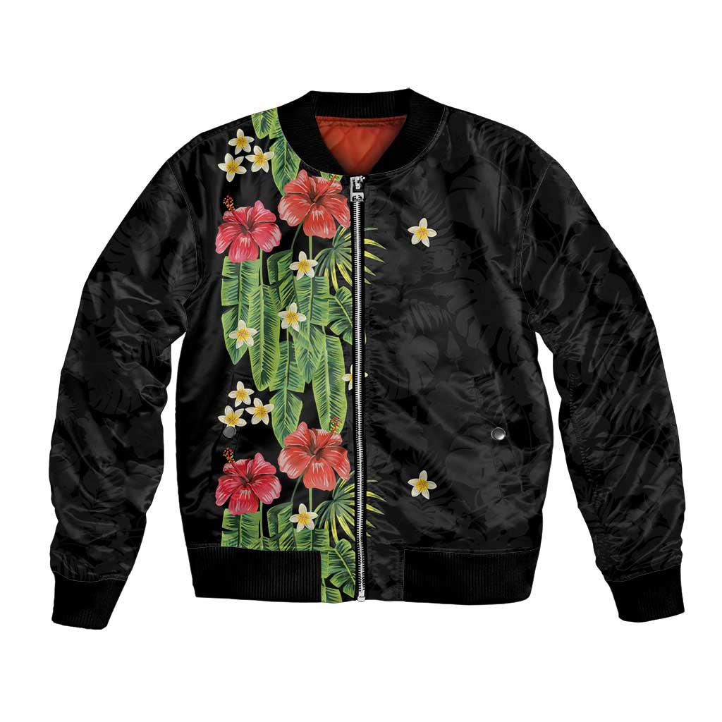 Hawaiian Hibiscus Plumeria Bomber Jacket Tropical Leaves LT01 Unisex Black - Polynesian Pride